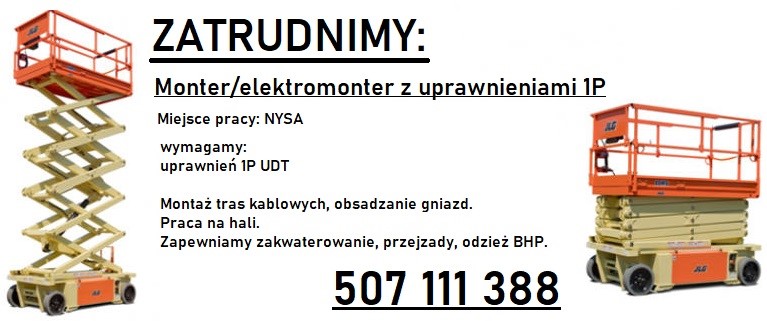 Monterów / Elektromonterów z uprawnieniami UDT 1P